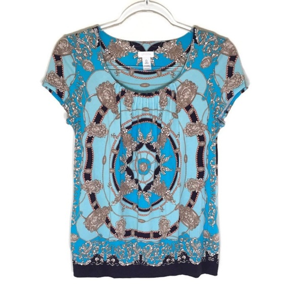 Chico's Blue and Gold Scarf Print Short Sleeve Top Blouse Size 0 - Picture 2 of 8